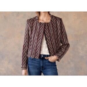 Driftwood Sundance Herringbone Tweed Open Front Wool Blend Jacket Size M Raw Hem